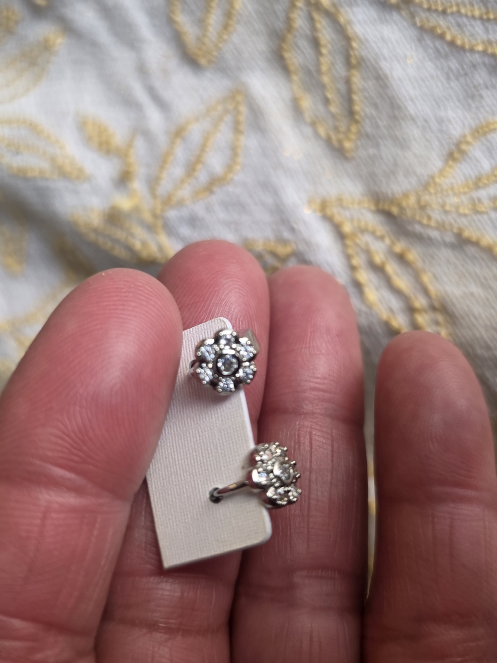 Silver Floral Cluster Stud Earrings with Clear Stones - White